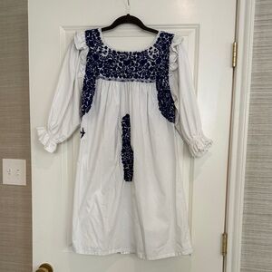 Mi Golondrina White Dress with Navy Embroidery